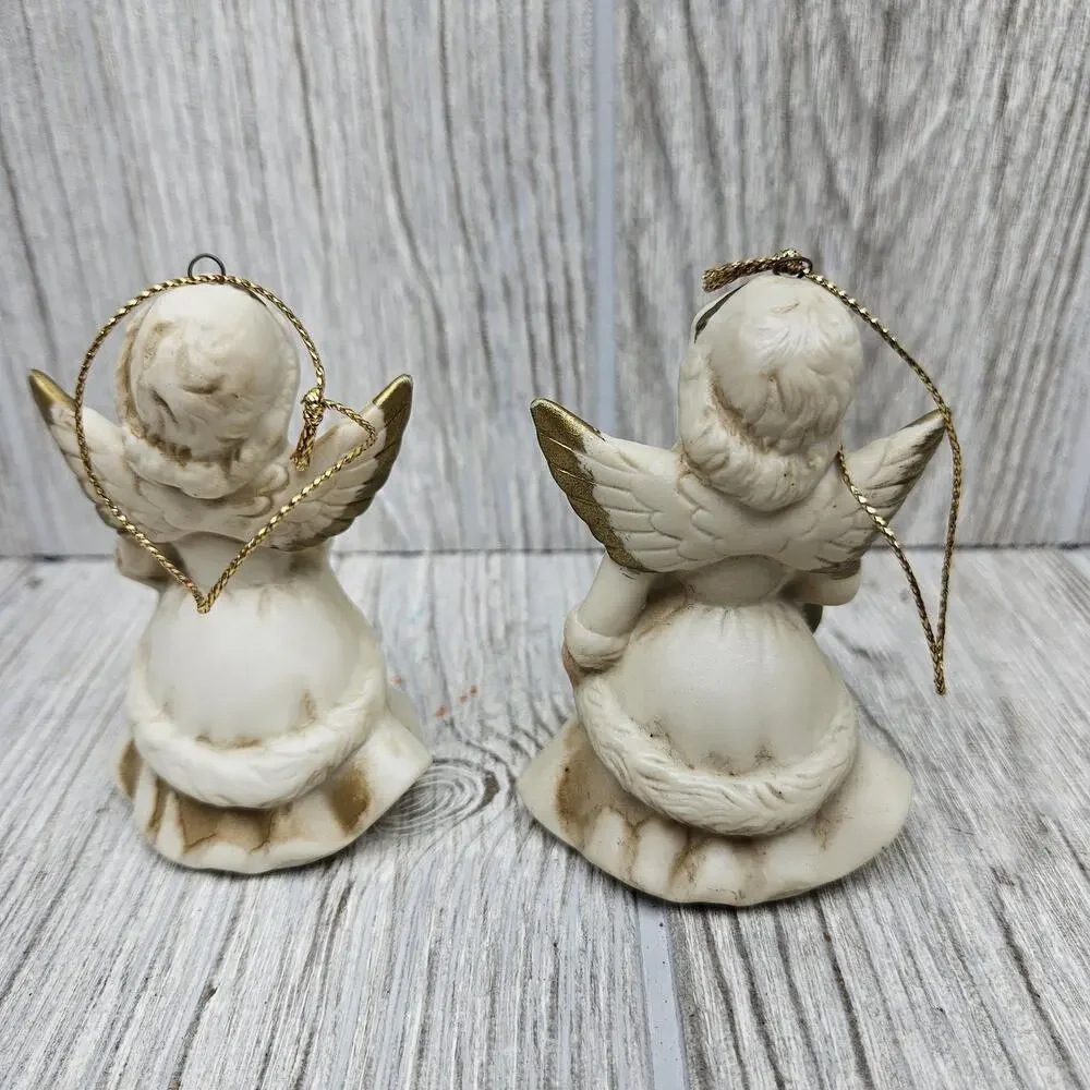 Vintage Homco Angel Christmas Ornaments Set of 2 Figurines Gold Wings Taiwan VTG